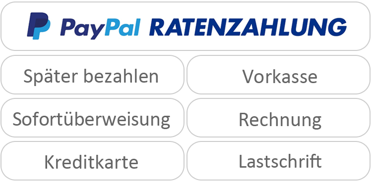 Zahlungsarten: Paypal, Vorkasse, Rechnung, Lastschrift, Kreditkarte, Sofort, Ratenzahlung